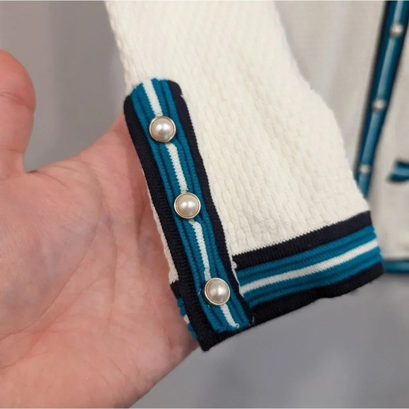 Talbots Beige Green Stripe Textured Tipped Cardigan Woman Small Pearl Button - Picture 4 of 9